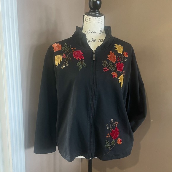 Mandal Bay Zip Up Fall Velvet Leaves Leaves Black Jacket/Cardigan  Large Cotton - Picture 1 of 12